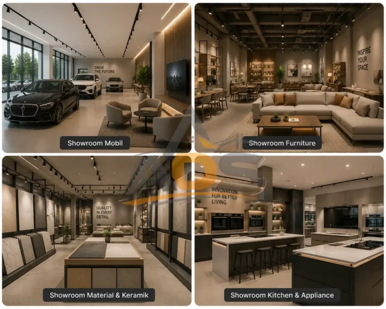 Kolase interior showroom modern dan elegan