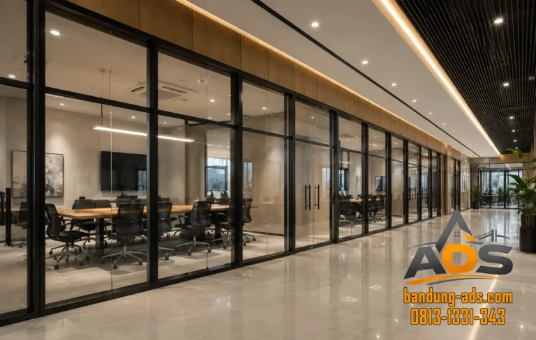 Koridor Kantor Modern dengan Ruang Rapat Kaca