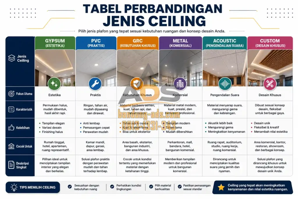 Tabel Perbandingan Jenis Ceiling